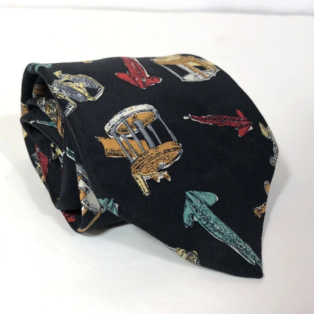 Fishing Silk Neck Tie USA Navy Blue Lures and Reels Red Tan Vintage Outdoors